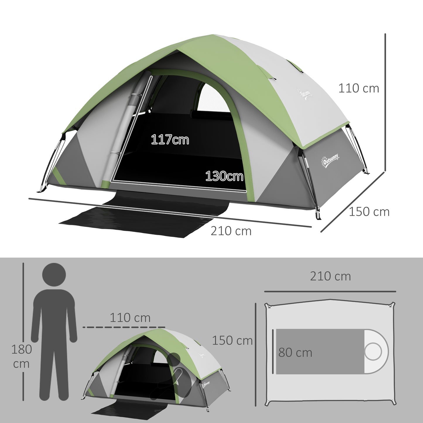 2 Man Camping Tent w/ Sewn-in Groundsheet, 3000mm Waterproof, Green