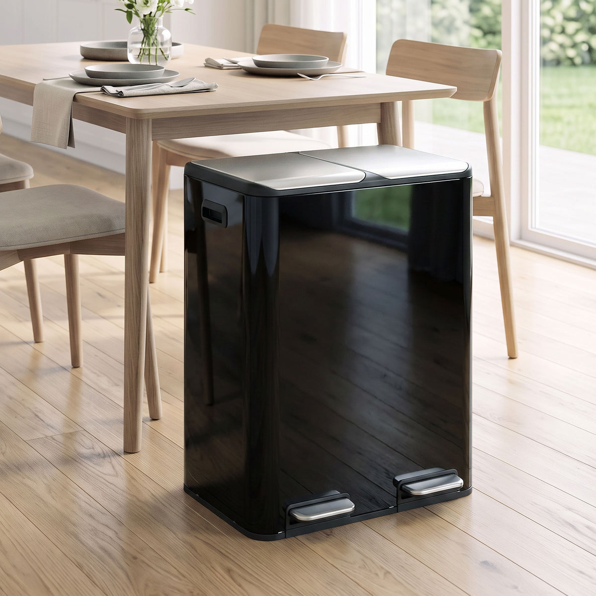 2x30L Kitchen Bin, Stainless Steel Recycling Bin, High Gloss Black