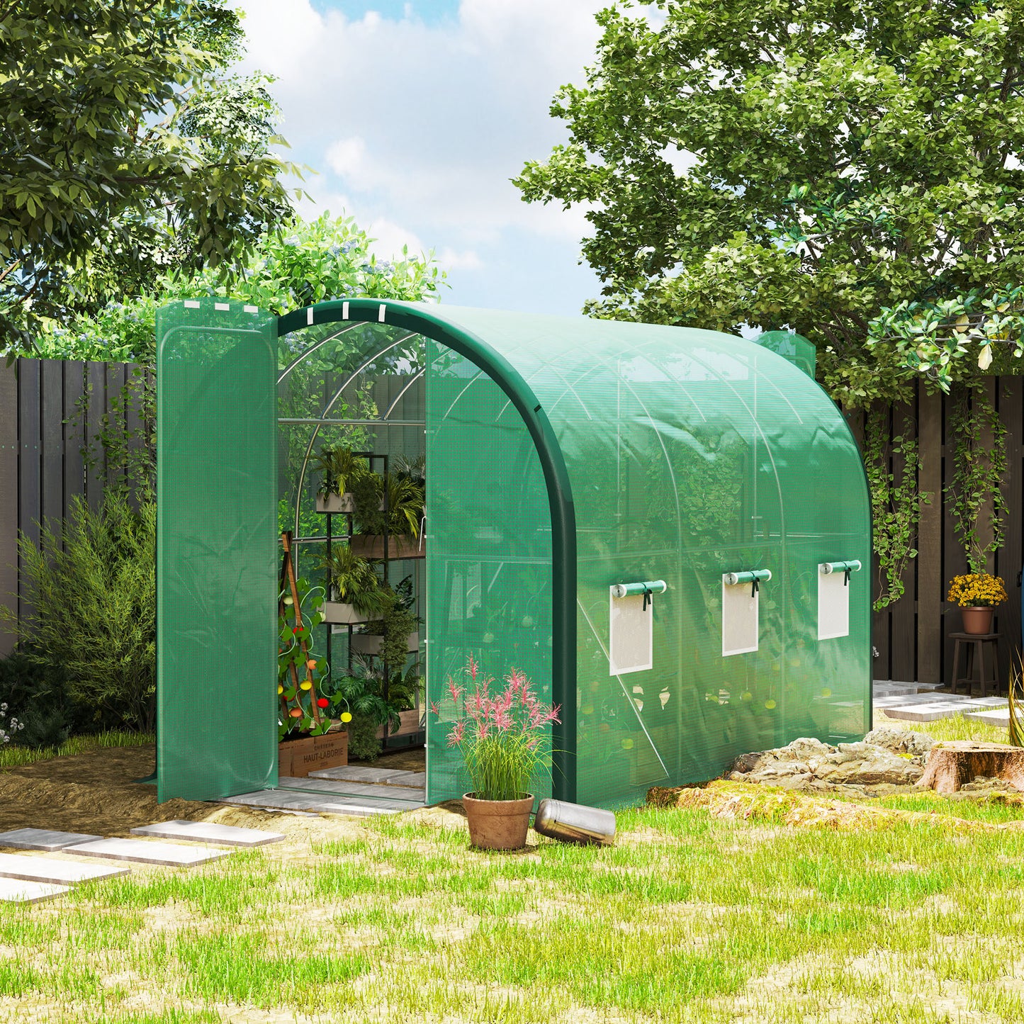 Tunnel Greenhouse Upgraded Structure, Hinged Doors, 3 x 2(m), Green
