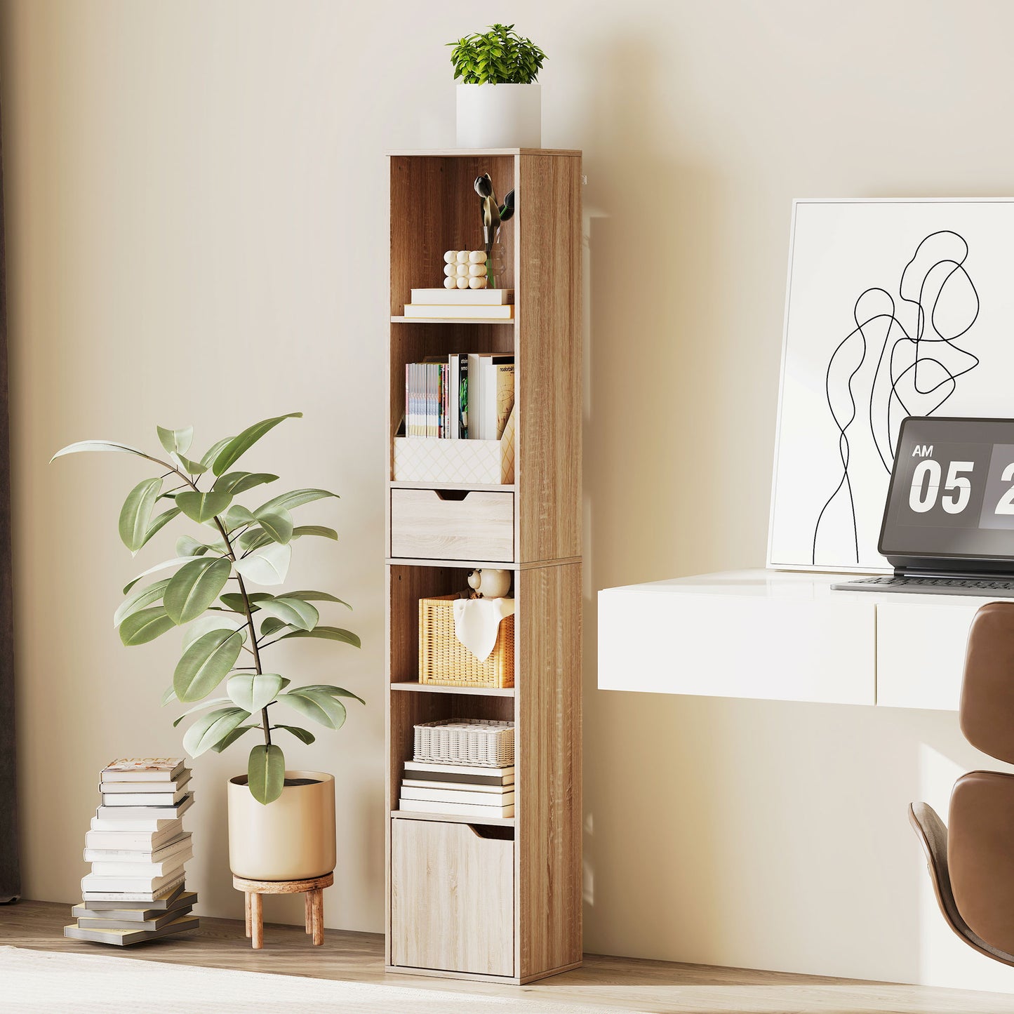 Narrow Bookshelf with Drawer, Tall Bookcase for Living Room, Natural