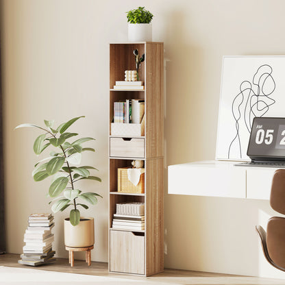 Narrow Bookshelf with Drawer, Tall Bookcase for Living Room, Natural