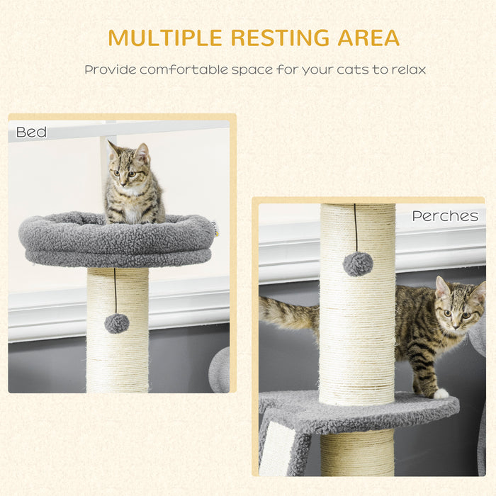 Cat Tree Cat Tower with Cat Scratching Posts, Pad, Bed, Toy Ball for Cats under 6 Kg, Grey & Beige