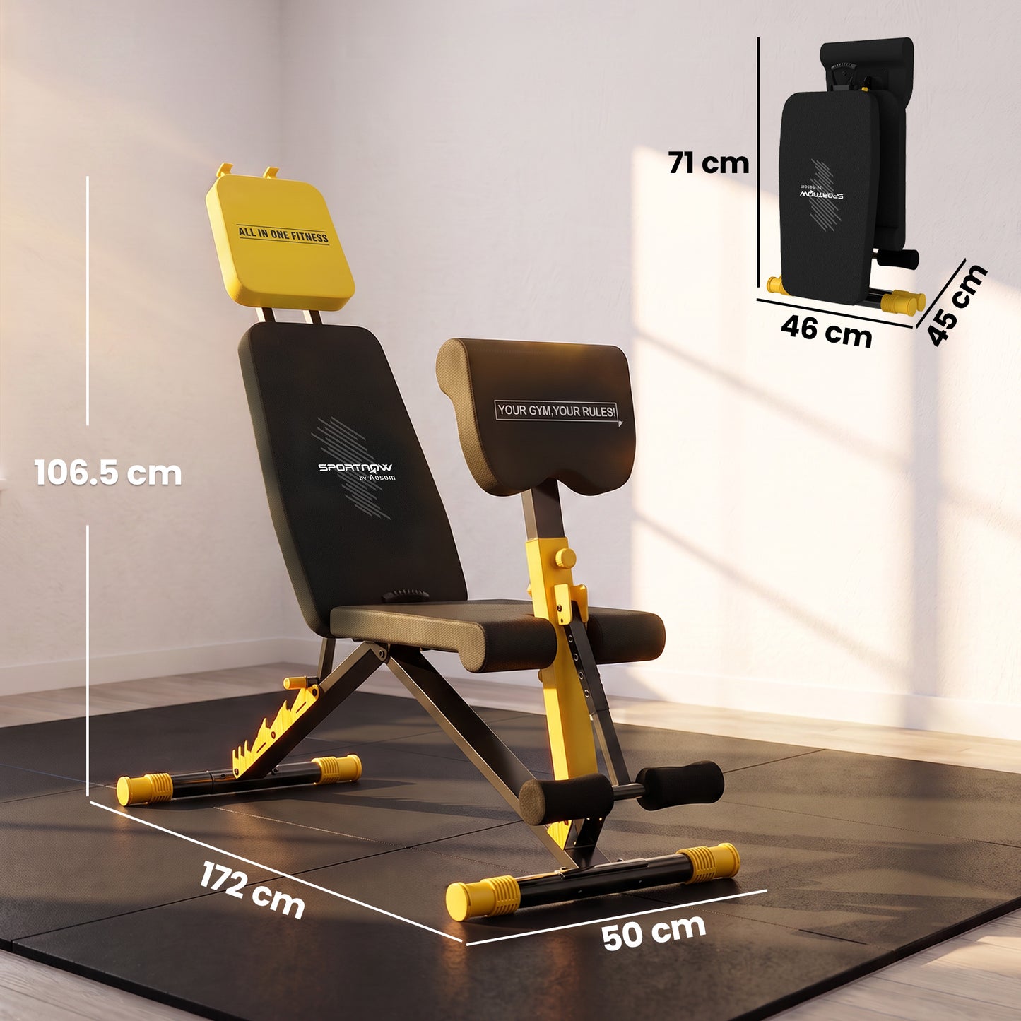 Adjustable Weight Bench for Home Gym, 300kg Incline Decline Flat Foldable Bench Press with 6 Backrest Positions, Leg Extension, Preacher Pad, Extended Headrest and Pull Strap, Yellow