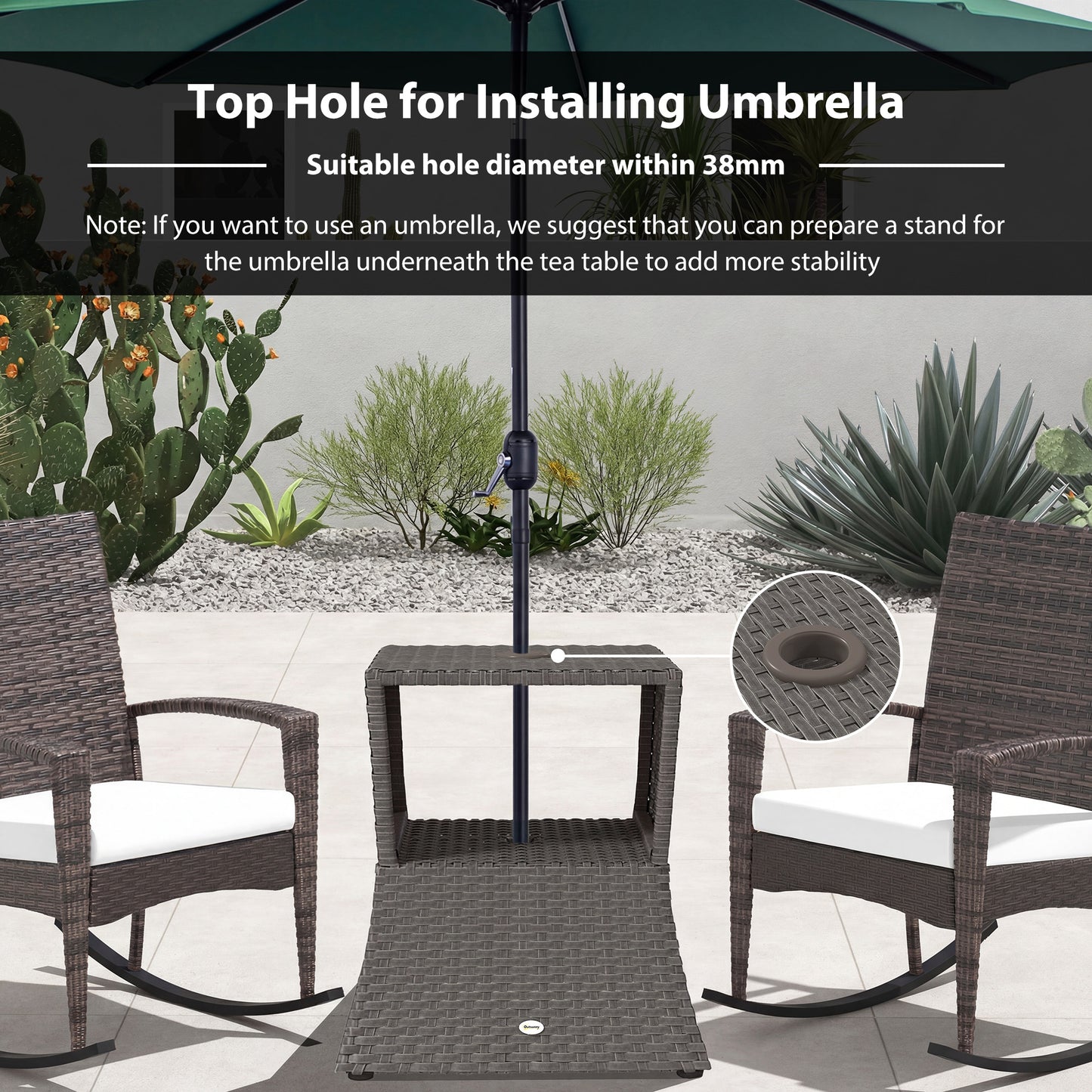 Rattan Wicker Tea Coffee Table w/ Umbrella Hole Dark Grey