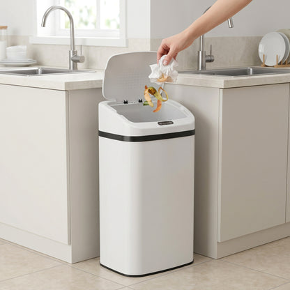 48L Sensor Bin, Stainless Steel Kitchen Bin with Automatic Soft Close Lid and Fingerprint-Proof for Recycling and Waste, White