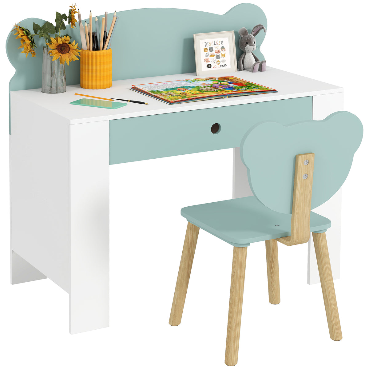 Kids' Desk and Chair Set with Storage Drawer and Bear Backrest - Green & White