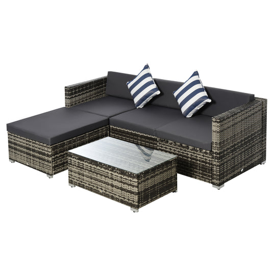 4-Seater Garden Rattan Furniture Set, Outdoor Sectional Conversation PE Rattan Set, with Cushions Pillows and Glass Table, Mixed Grey