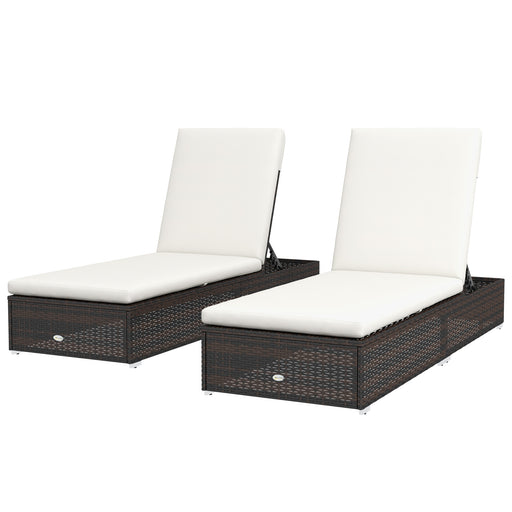 Set of Two Rattan Sun Loungers, with Reclining Backs - Brown/Cream