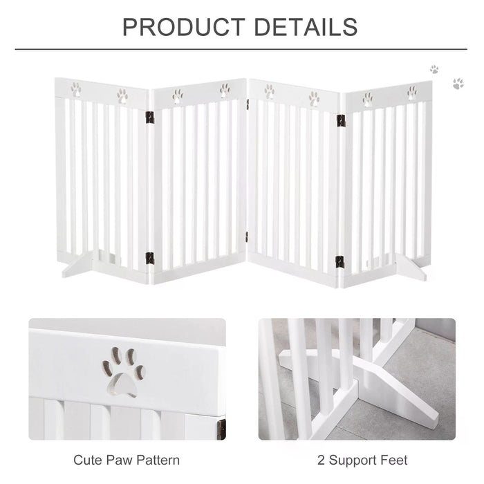 Pet Gate 4 Panel Wooden Foldable Fence Freestanding Dog Safety Barrier with 2 Support Feet for Doorways Stairs 80'' x 30'' White