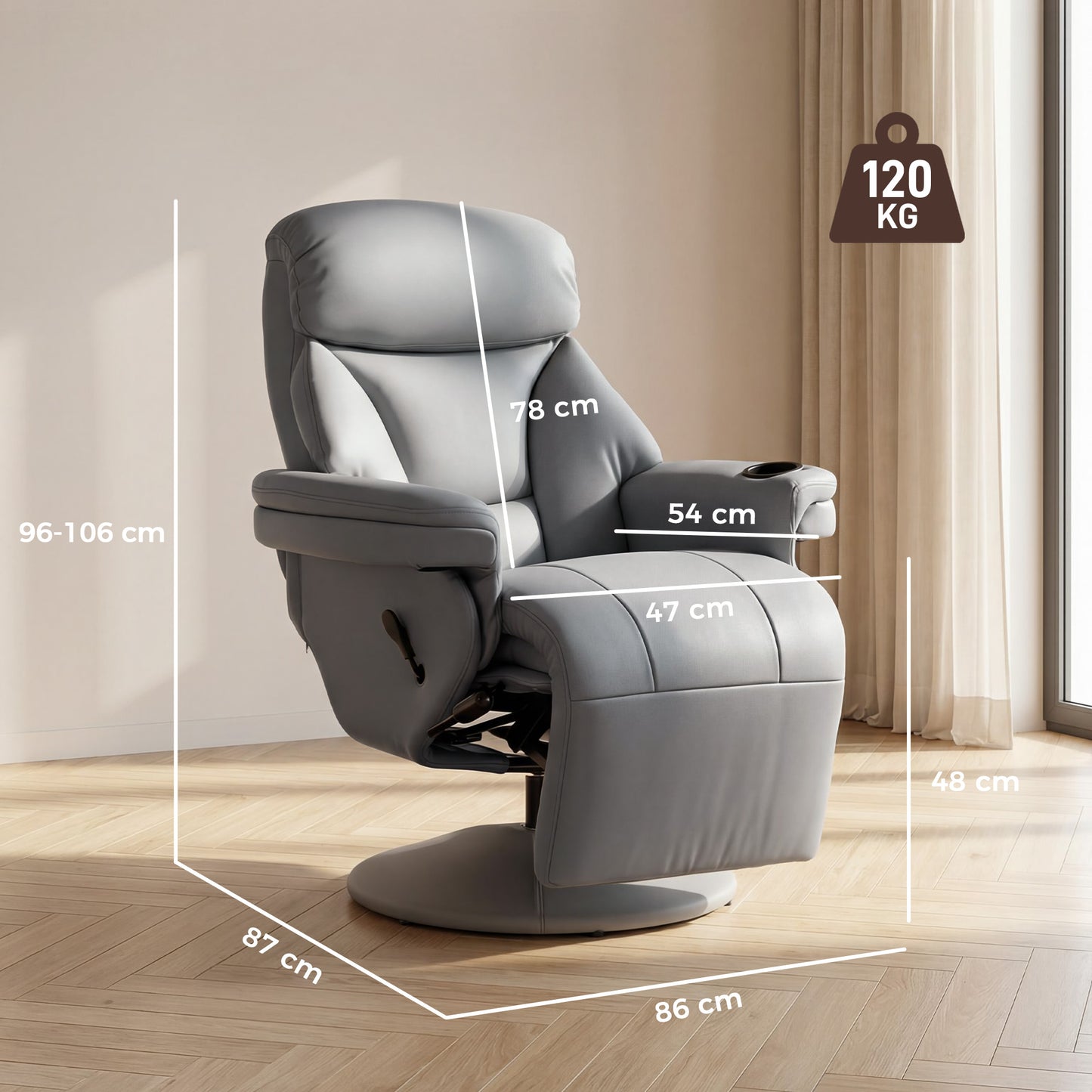 Upholstered Reclining Armchair with Adjustable Backrest, Grey