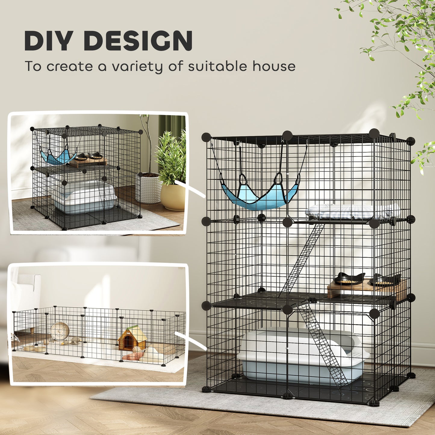 Indoor Cat Cage with DIY Customizable Design 105 cm Black