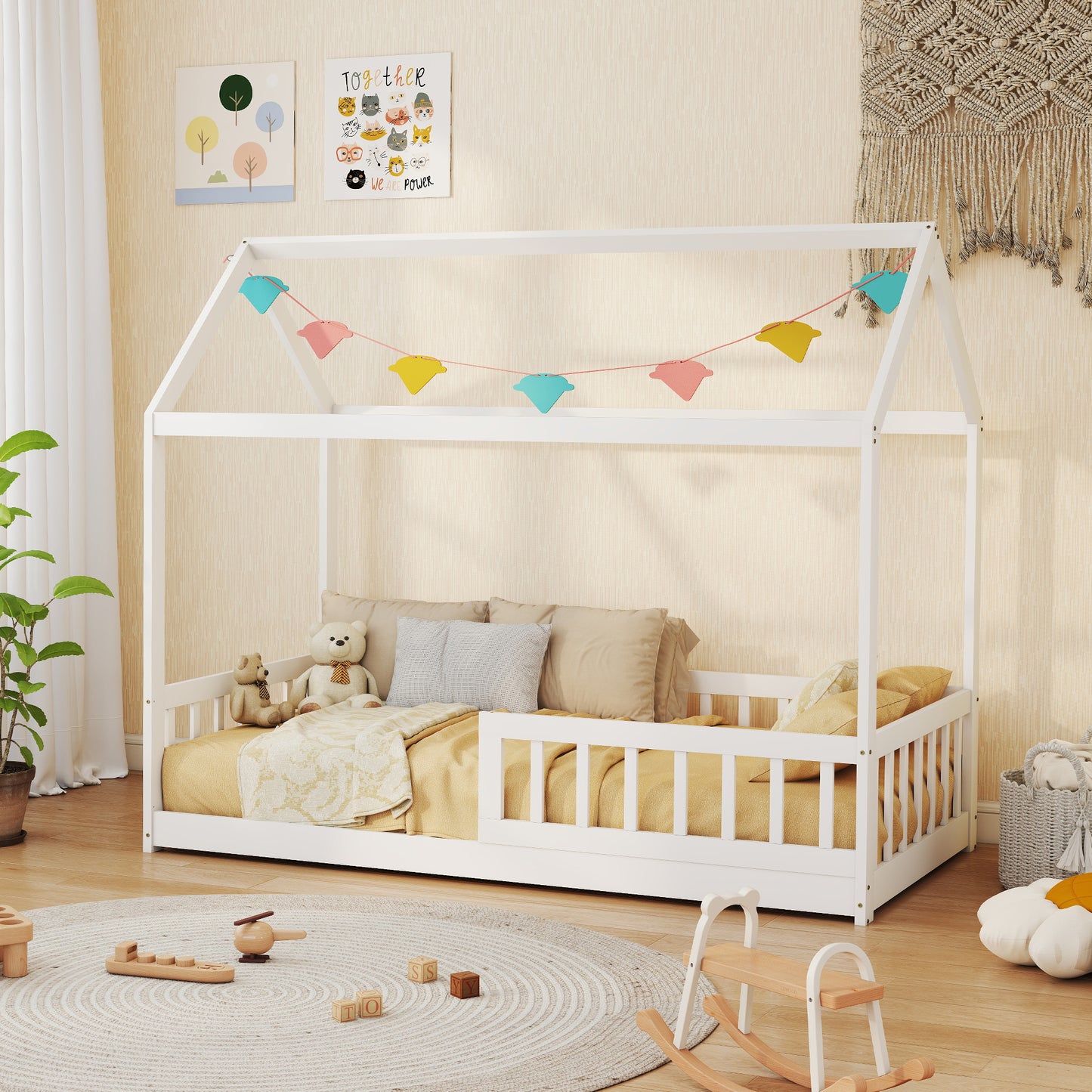 House-Shaped Kids Bed Frame with Safety Fence for Boys Girls, White