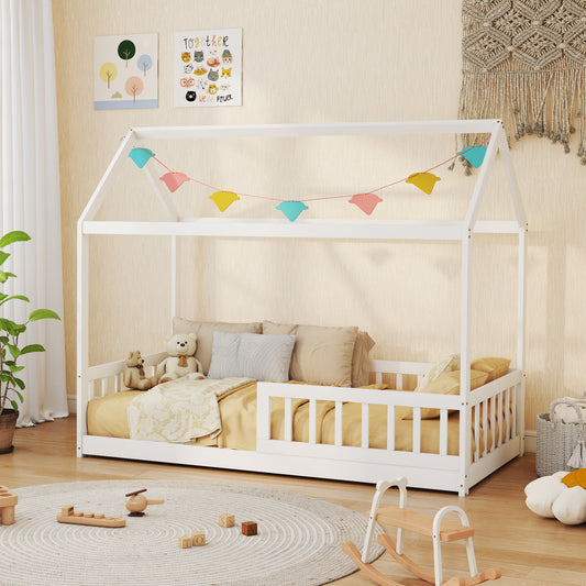 House-Shaped Kids Bed Frame with Safety Fence for Boys Girls, White