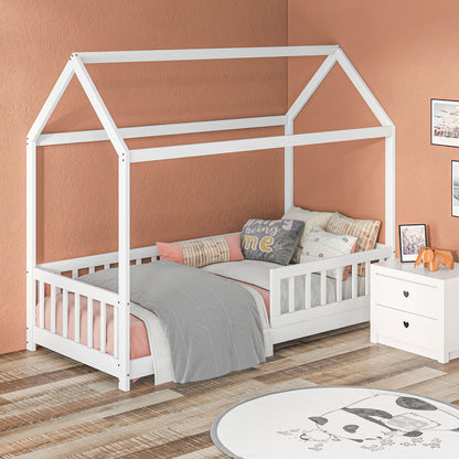 House-Shaped Kids Bed Frame with Safety Fence for Boys Girls, White