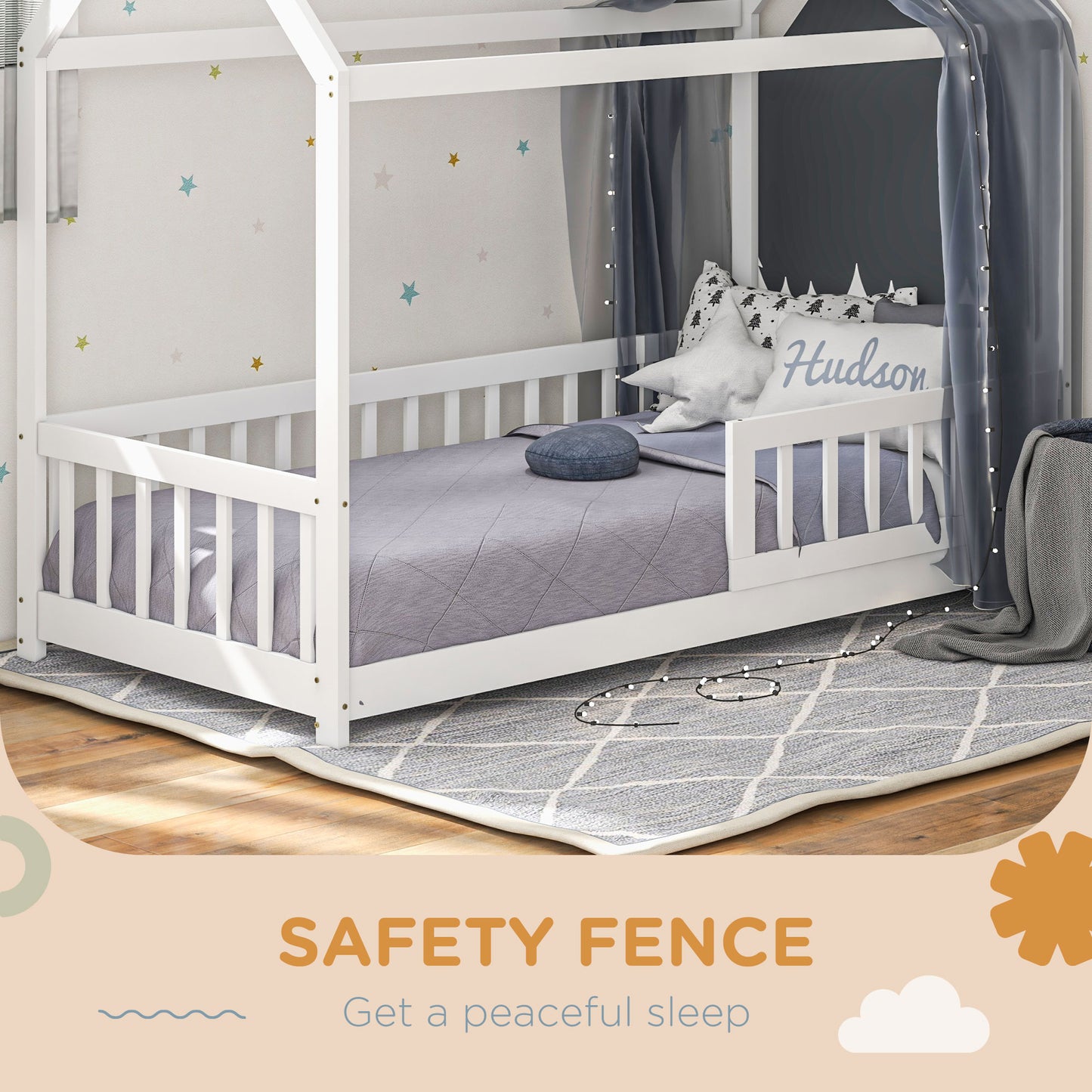 House-Shaped Kids Bed Frame with Safety Fence for Boys Girls, White