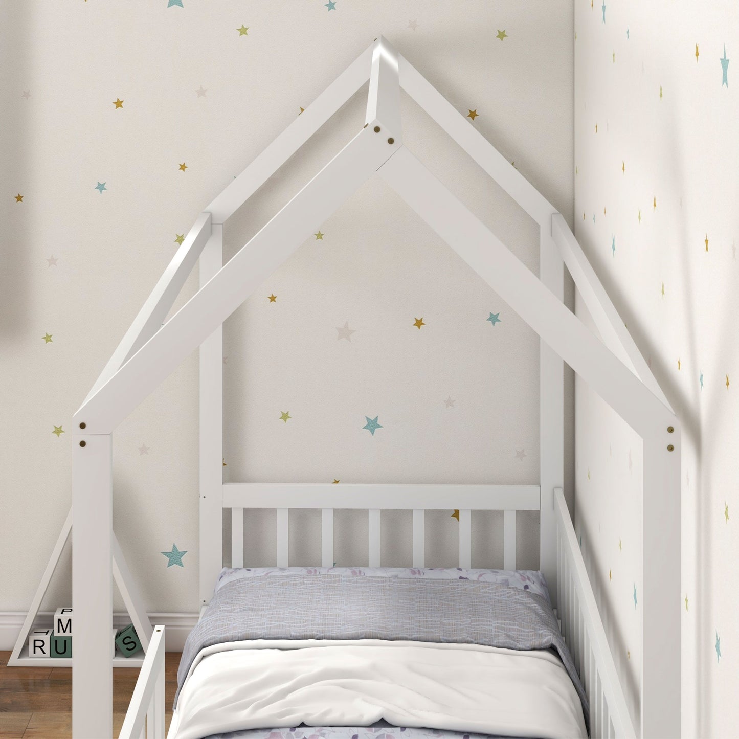 House-Shaped Kids Bed Frame with Safety Fence for Boys Girls, White