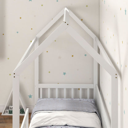 House-Shaped Kids Bed Frame with Safety Fence for Boys Girls, White