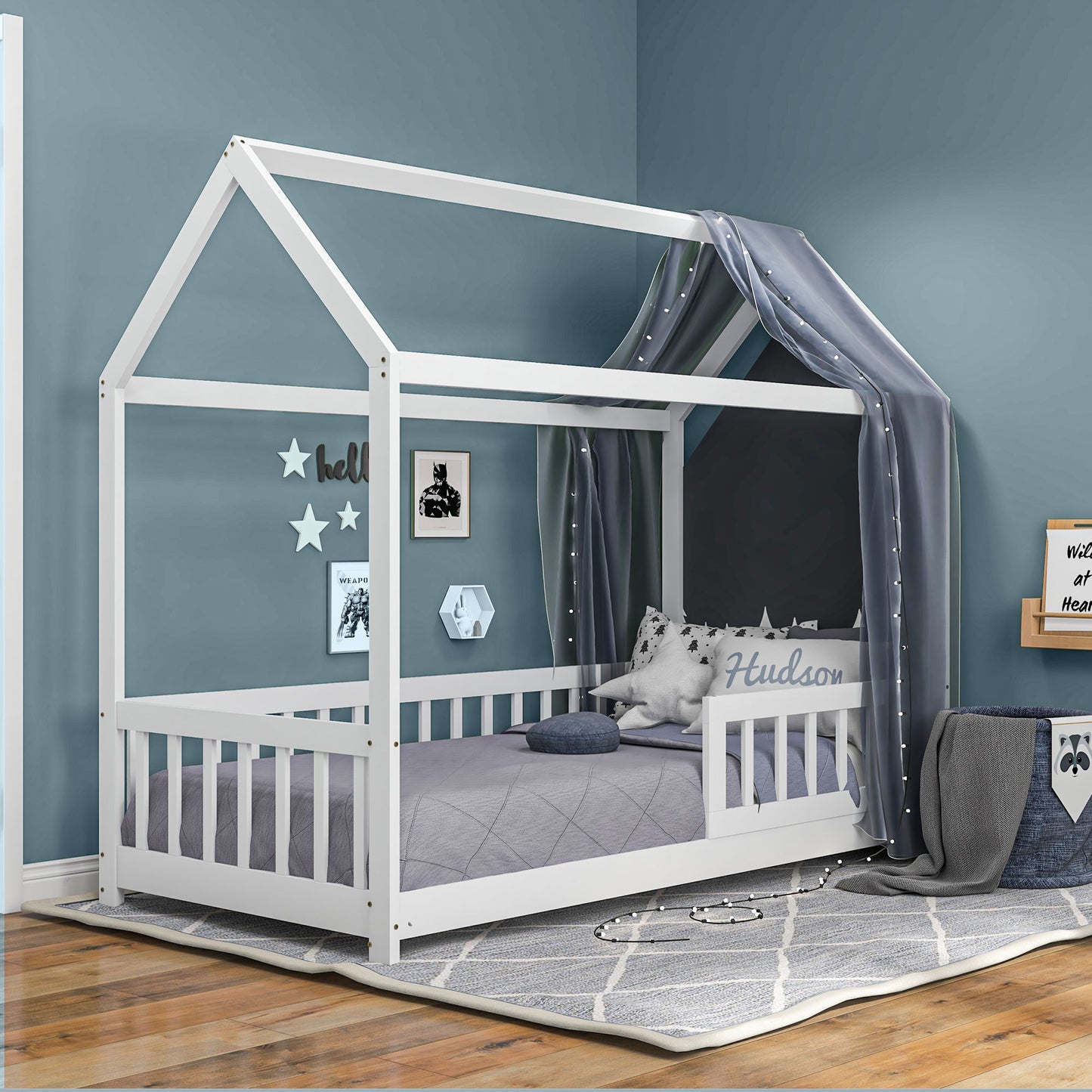 House-Shaped Kids Bed Frame with Safety Fence for Boys Girls, White