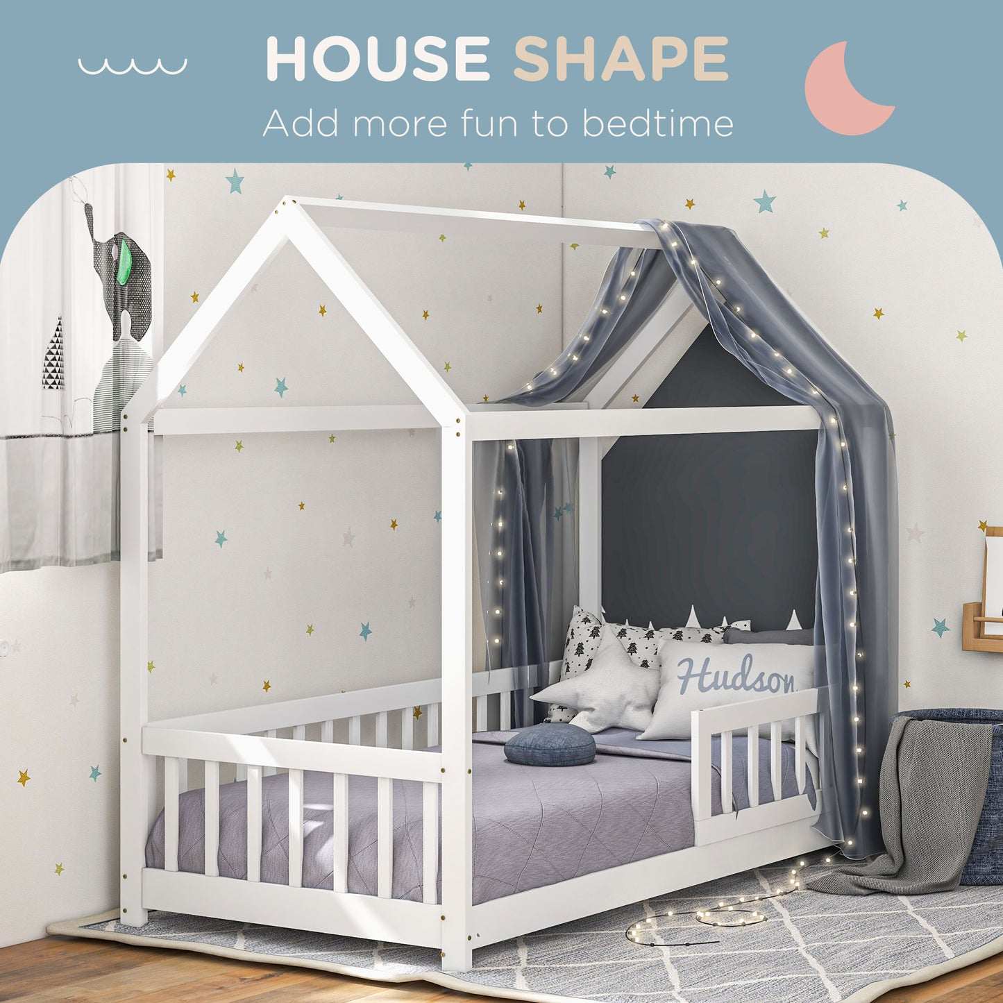 House-Shaped Kids Bed Frame with Safety Fence for Boys Girls, White