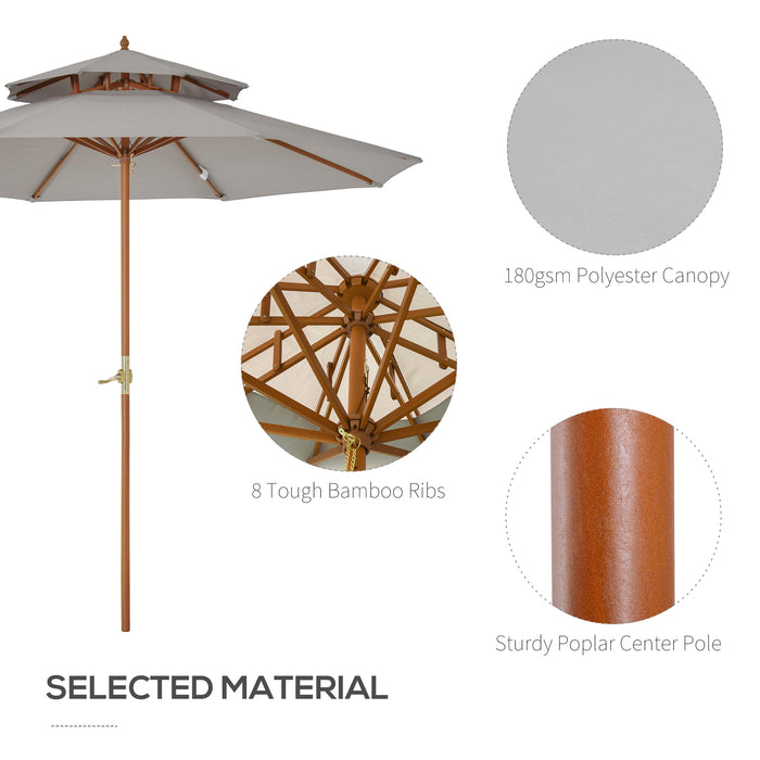 2.7 m Double Tier Outdoor Patio Garden Sun Umbrella Sunshade Wooden Parasol Grey Shade Canopy