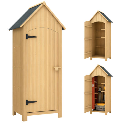 Wooden Garden Storage Shed with 3 Shelves, Outdoor Tool Storage Cabinet with Tilt Roof and Lockable Door, 77.5 x 54.2 x 179.5 cm, Natural