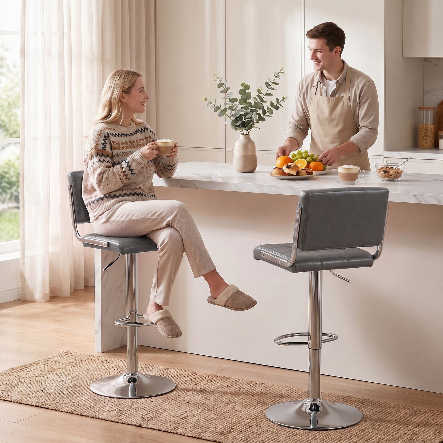 Adjustable Bar Stools Set of 2 with Backrest Grey