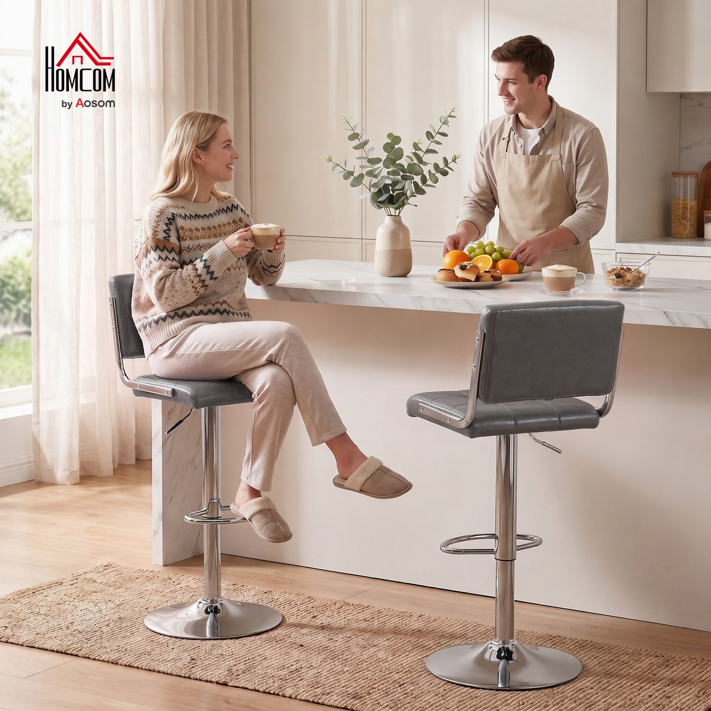 Adjustable Bar Stools Set of 2 with Backrest Grey