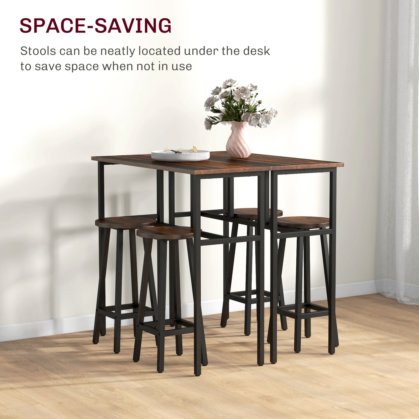 6-Piece Industrial Bar Table Set, 2 Kitchen Tables with 4 Stools, Brown