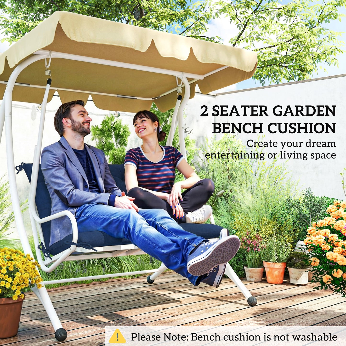 2 Seater Bench Pad, Chair Cushion with Back and Ties, Dark Blue