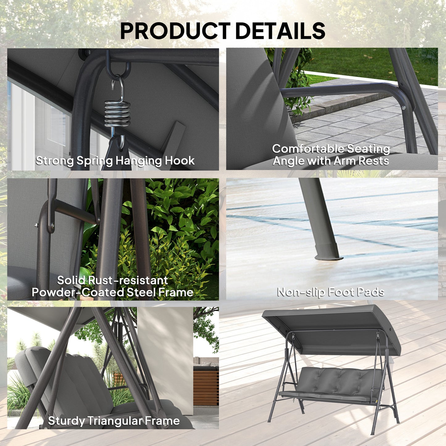 3 Seater Garden Swing Chair, Patio Rocking Bench with Steel Frame