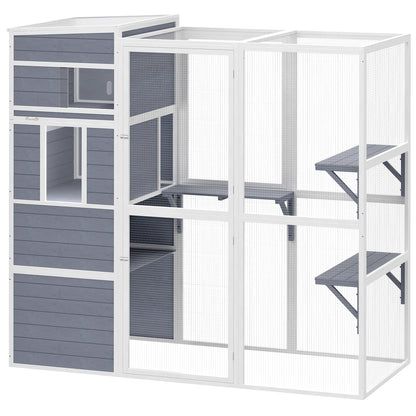 Wooden Catio with Spacious Resting Rooms, 3 Platforms, Window, Grey
