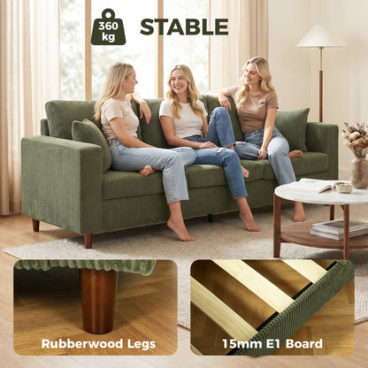 3 Seater Sofa with Wide Seat, Corduroy Upholstered, Green