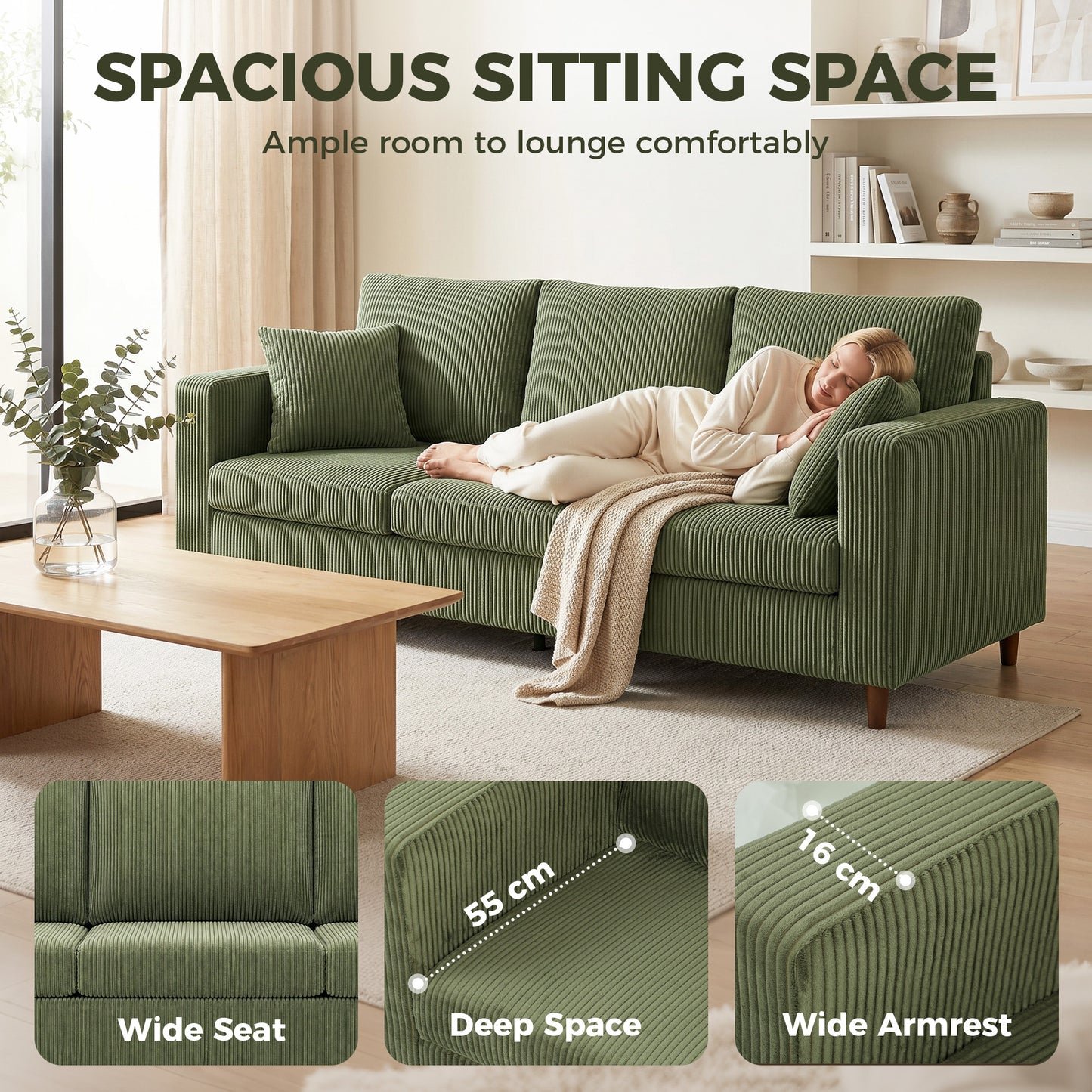 3 Seater Sofa with Wide Seat, Corduroy Upholstered, Green