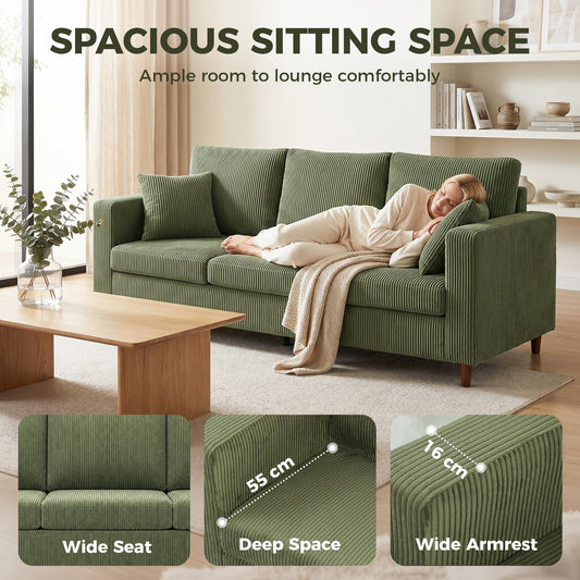 3 Seater Sofa with Wide Seat, Corduroy Upholstered, Green