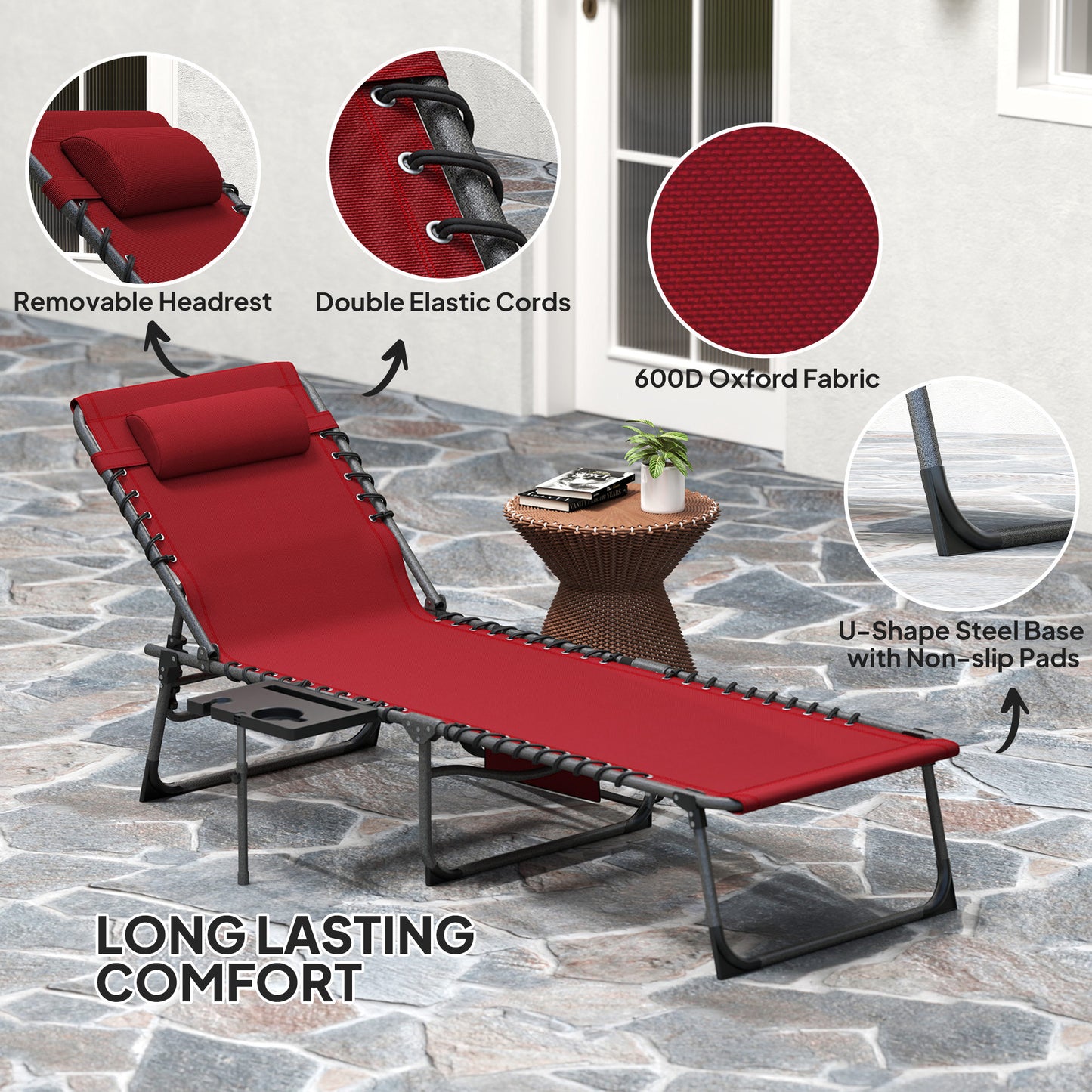 Folding Sun Lounger with 5-Level Reclining Back, Side Table, Red