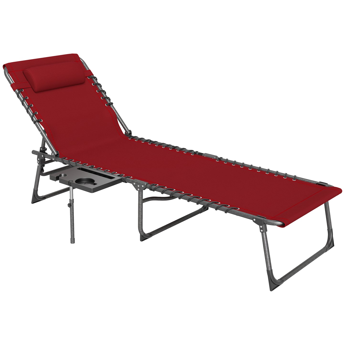 Folding Sun Lounger with 5-Level Reclining Back, Side Table, Red