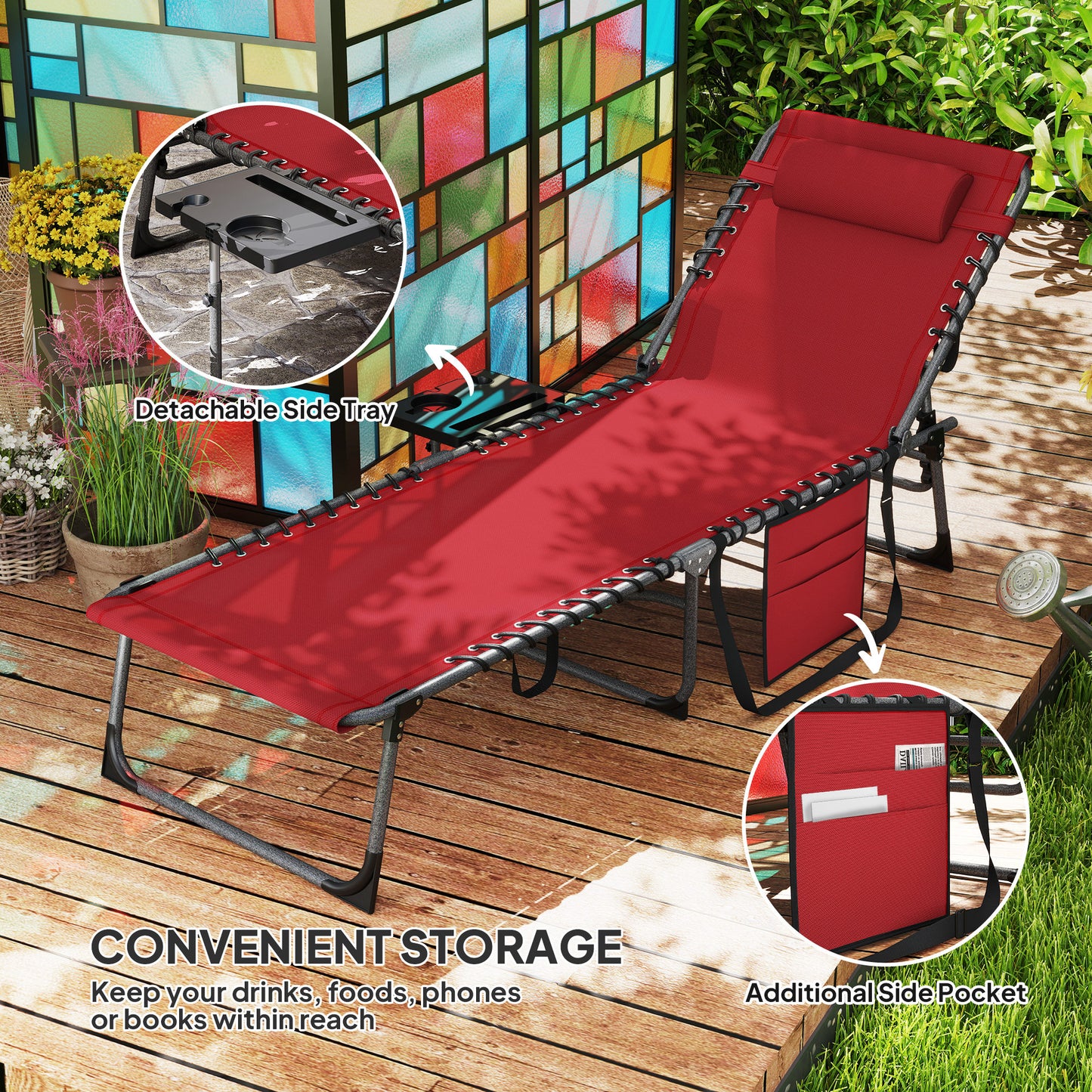 Folding Sun Lounger with 5-Level Reclining Back, Side Table, Red