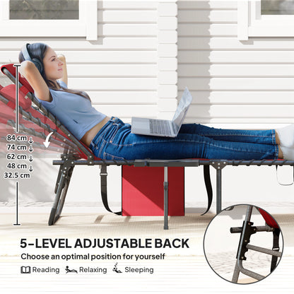 Folding Sun Lounger with 5-Level Reclining Back, Side Table, Red