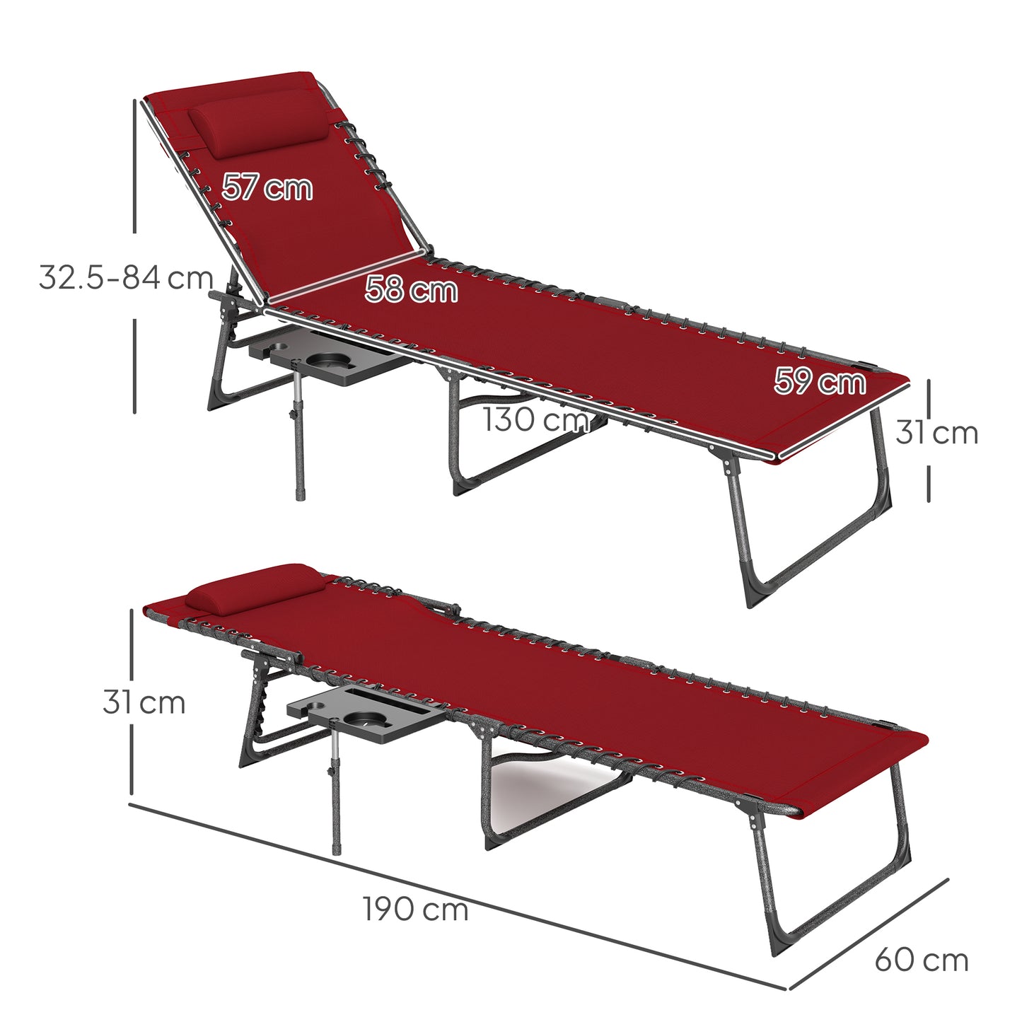 Folding Sun Lounger with 5-Level Reclining Back, Side Table, Red