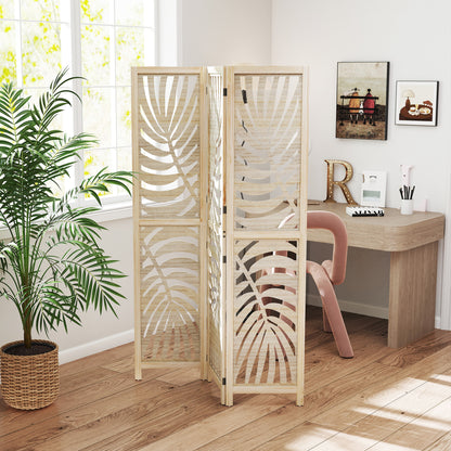 3 Panel Privacy Screens with Palm Leaf Design, Natural Wood Finish