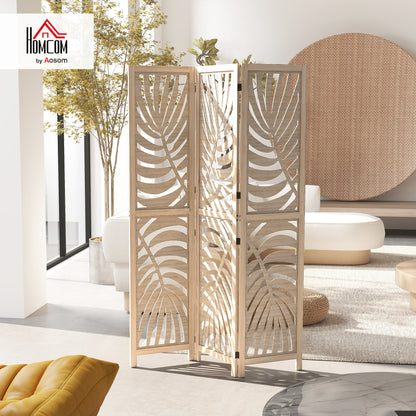 3 Panel Privacy Screens with Palm Leaf Design, Natural Wood Finish