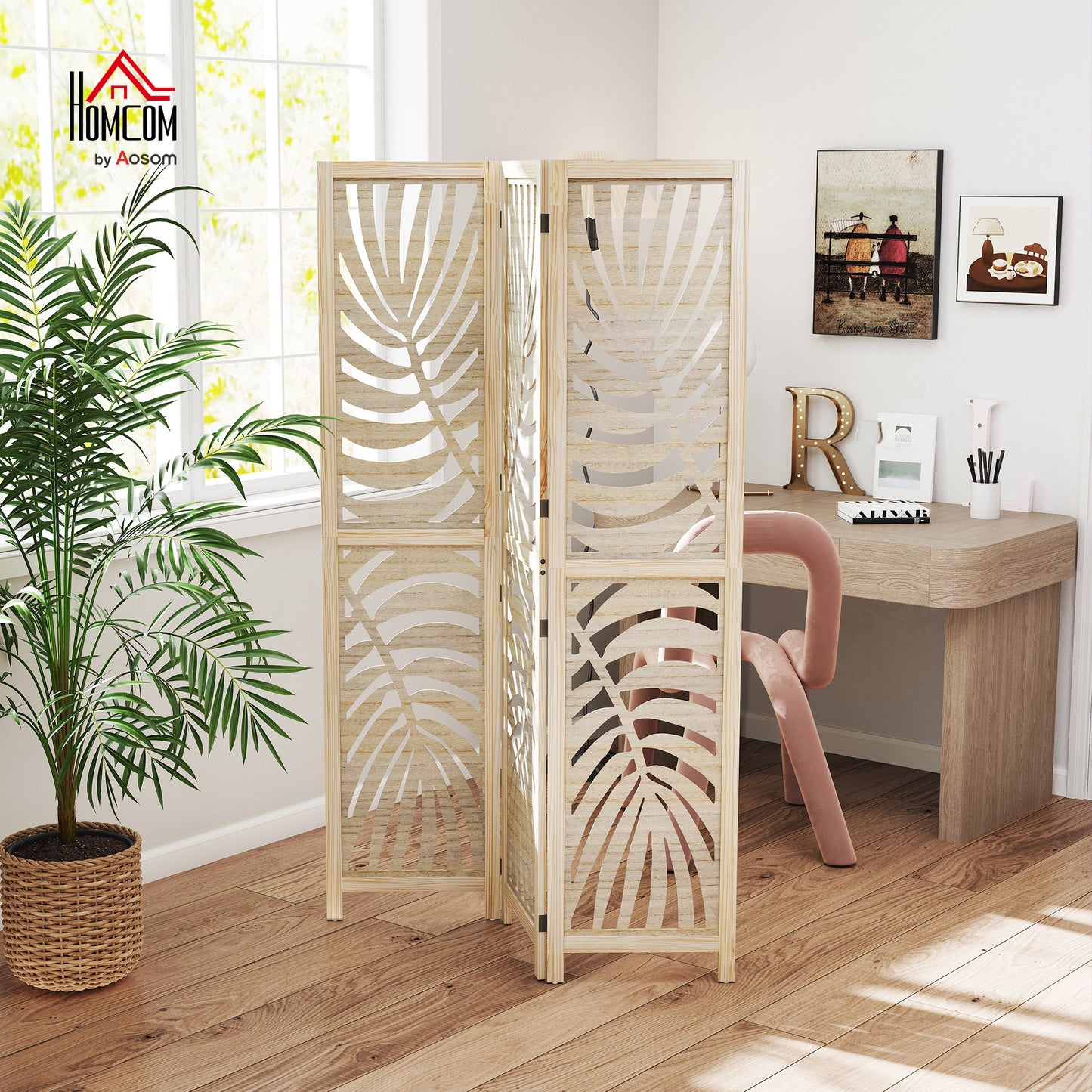 3 Panel Privacy Screens with Palm Leaf Design, Natural Wood Finish
