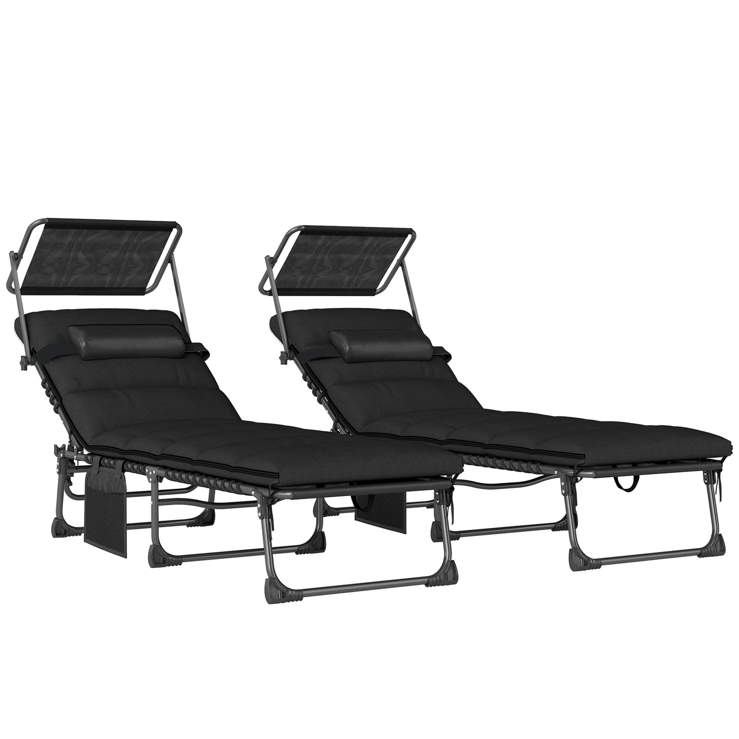 Folding Sun Loungers Set of 2, Sun Bed with Canopy, Black