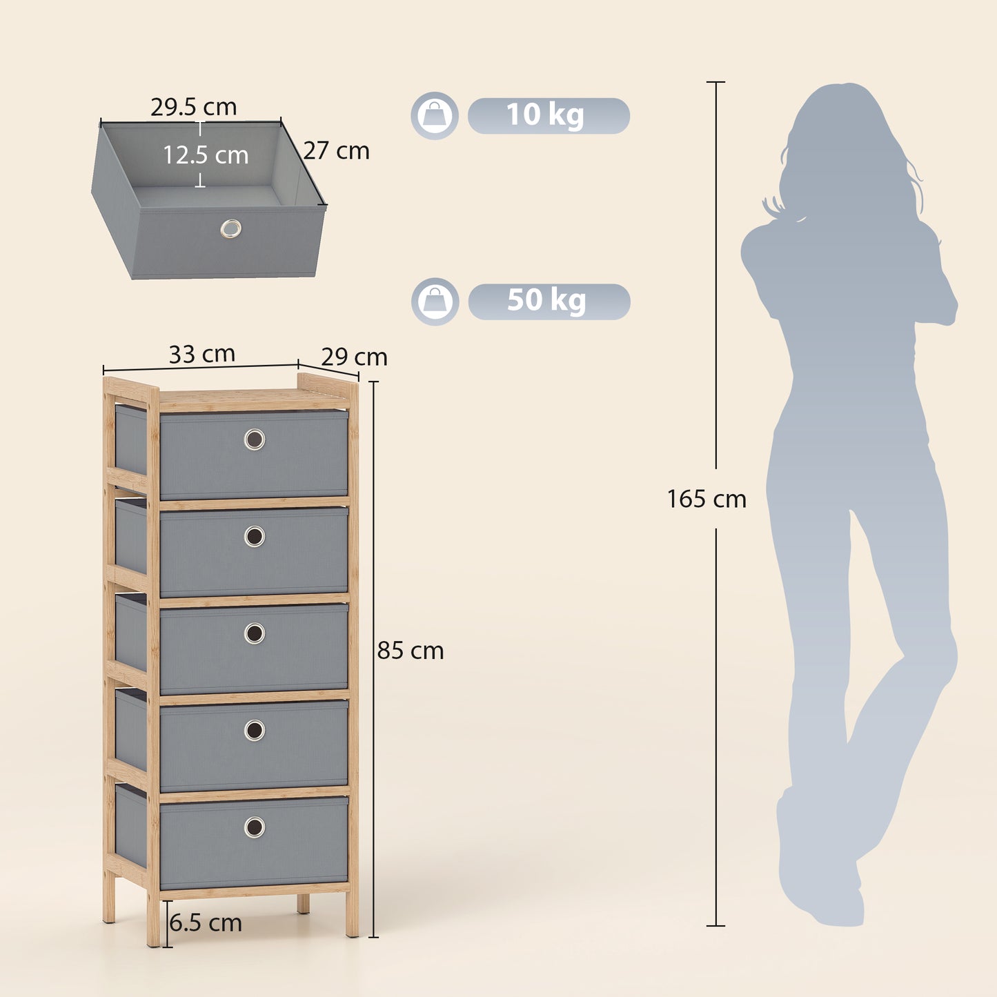 Chest of Drawers, 5 Drawers Dresser with Bamboo Frame, Light Grey