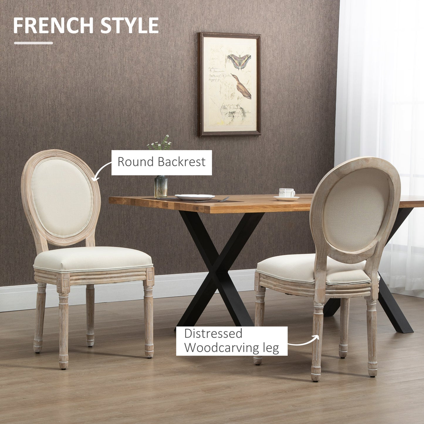 French-Style Dining Chairs Set of 2 with Linen Upholstery, Cream