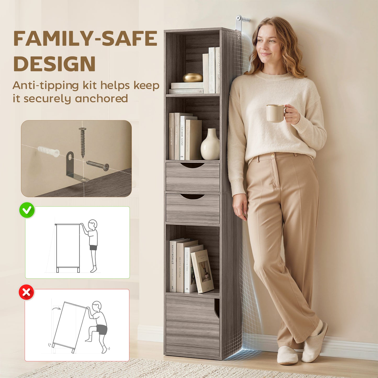 Bookcase with Drawers Adjustable Shelf 158 cm Grey