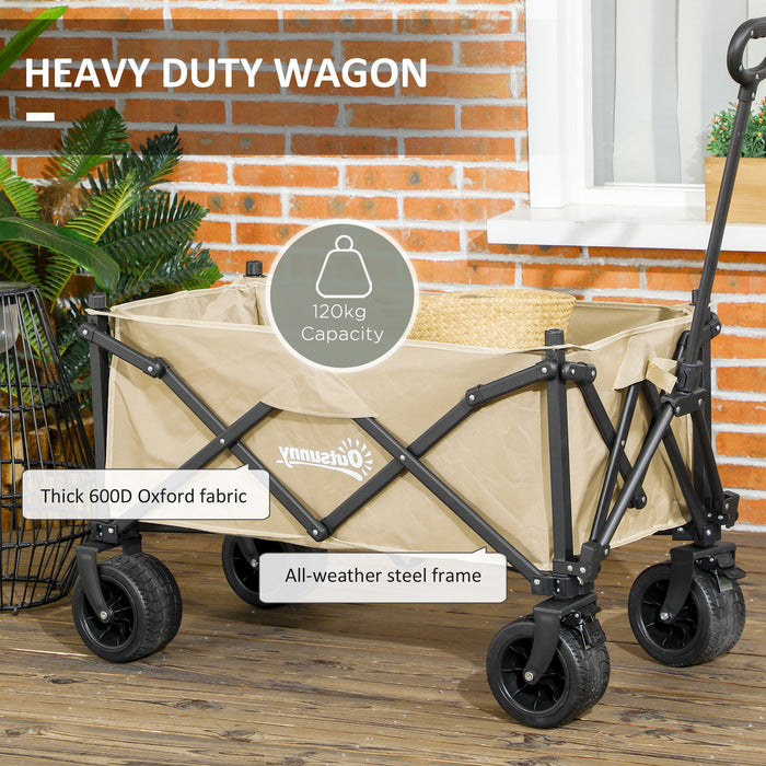 Folding Garden Trolley, Outdoor Wagon Cart with Carry Bag, for Beach, Camping, Festival, 120KG Capacity, Khaki