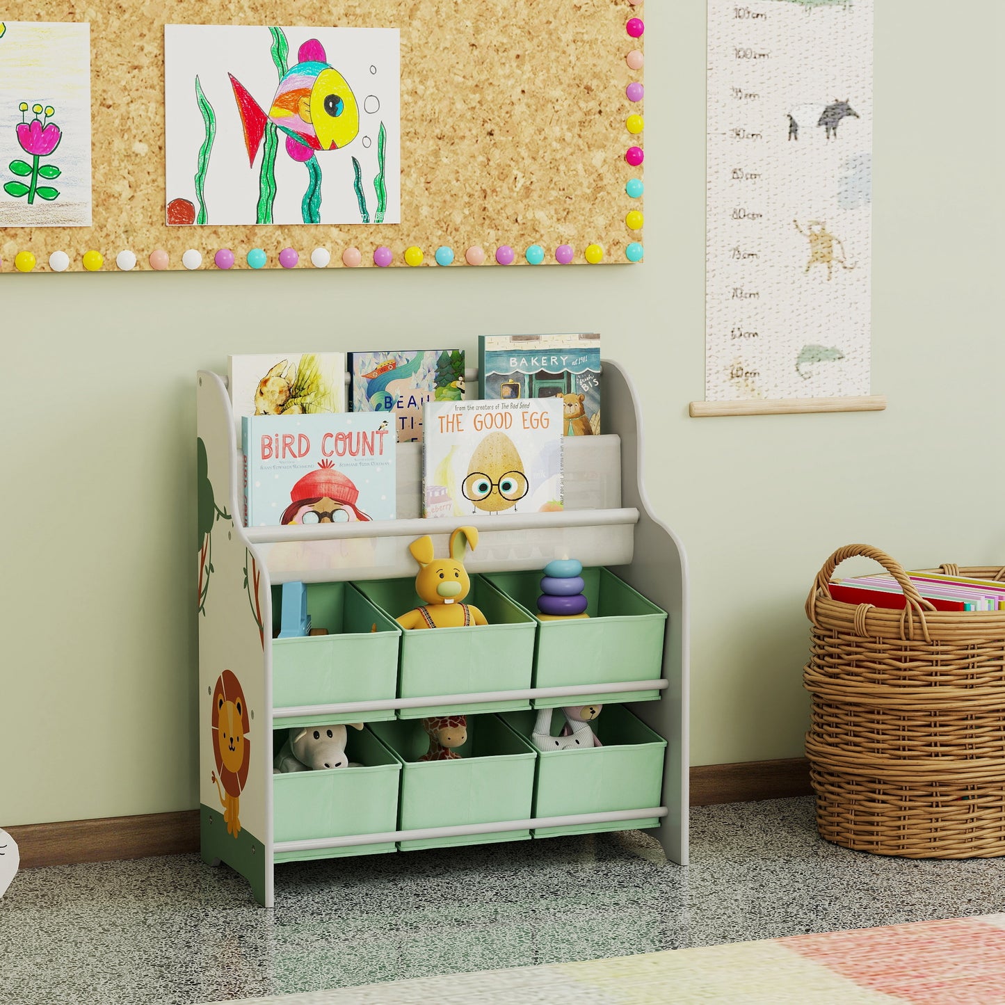 Kids Storage Unit with 6 Fabric Drawers & 2-Tier Sling Rack, Green