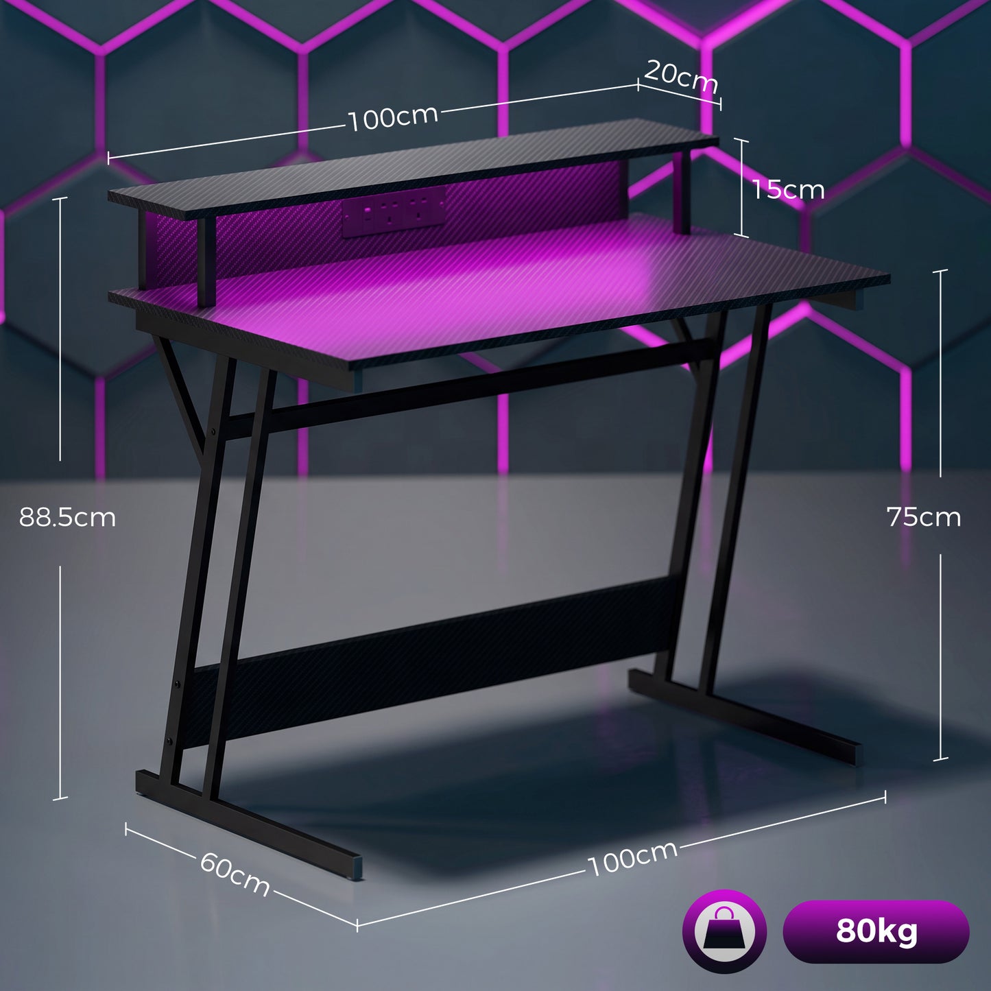 LED Gaming Desk with Power Outlets and Monitor Stand 100 x 60cm Black