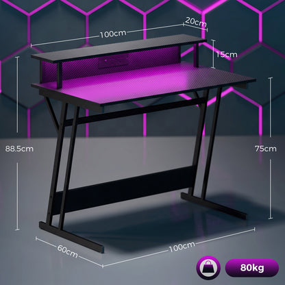 LED Gaming Desk with Power Outlets and Monitor Stand 100 x 60cm Black